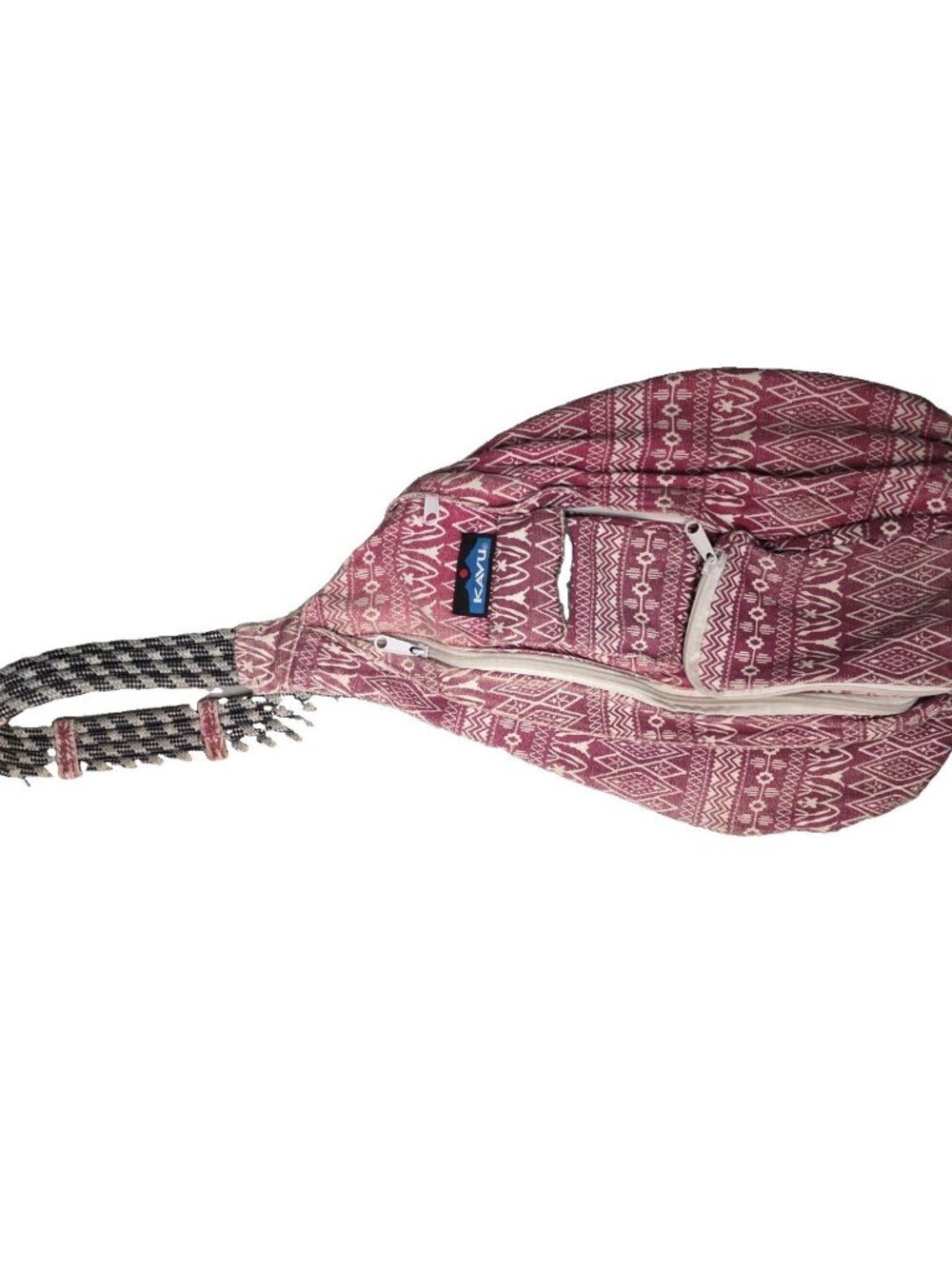 KAVU Rope Bag Sling Crossbody Backpack Canvas Maroon Cream Aztec Tribal Print
